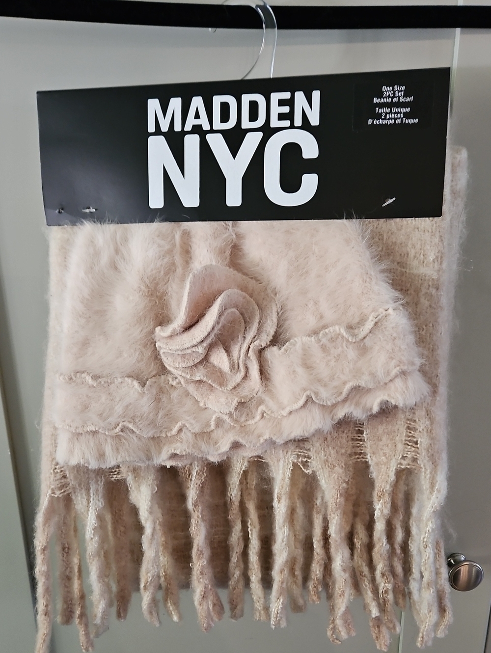 Madden NYC Cozy Taupe/Cream Floral Fringe Tectured Scarf Wrap And Hat